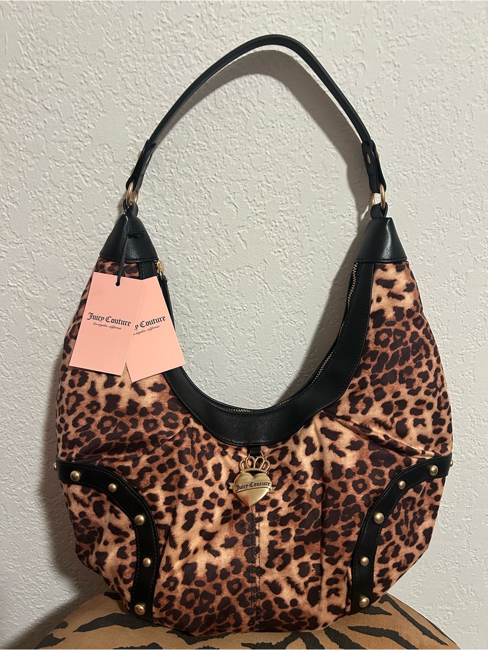 NEW Juicy Couture Retro Glam Boho Leopard Cheetah Shoulder Bag Black Trim
